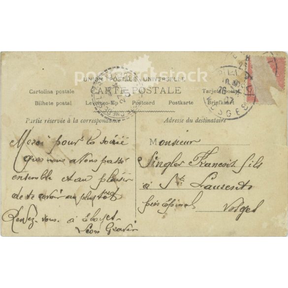 1907 - Cheerful French, romantic postcard. Original paper image. Old photo. Colored photo sheet, old postcard. (2792657)