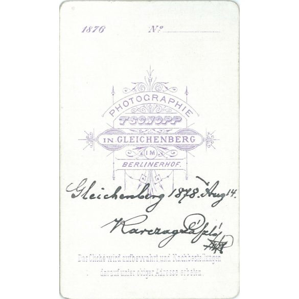 Portrait photo of László Karczag. Gleichenberg 1878. The work of the photographic studio of J. Tschopp. Old photo, business card, CDV photo. (2792674)