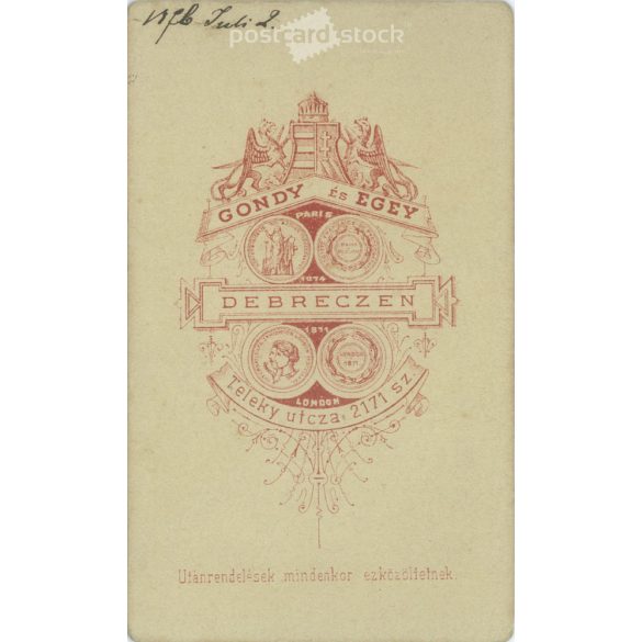 Late 1870s. Full-length studio photo of a soldier. The person in the picture is unknown. Original paper image. The photo was taken in the photography studio of Gondy and Egey. in Debrecen. Old photo, business card, CDV photo. (2792676)