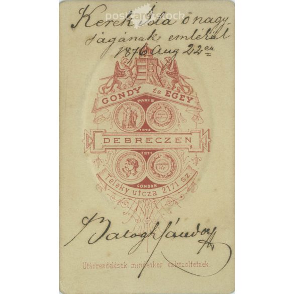 1876. Studio photo of János Balogh. Original paper image. The photo was taken in the photography studio of Gondy and Egey in Debrecen. Old photo, business card, CDV photo. (2792677)