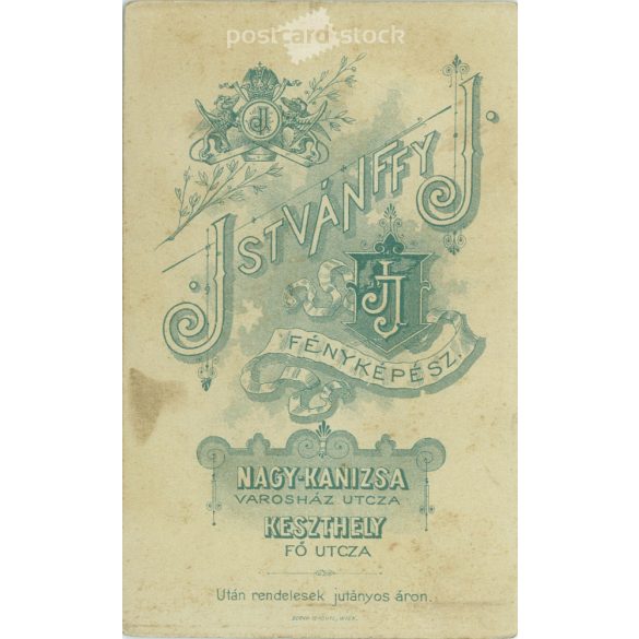 1890s. Studio photo of a young man. The person in the picture is unknown. The work of the photography studio of J. Istvánffy. Keszthely. Old photo, business card, CDV photo. (2792687)