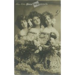   1907. Three Sisters Florence. Original paper image. Old photo. Black and white photo sheet, old postcard. (2792694)