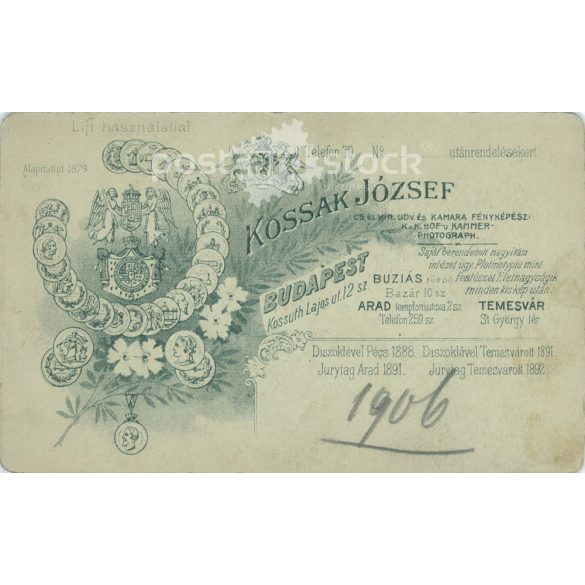 1906. Studio photo of a young man. The person in the picture is unknown. The work of the photography studio of József Kossak. Budapest. Old photo, business card, CDV photo. (2792704)