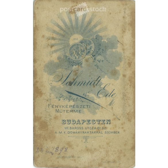 1898. Studio photo of a young man. The person in the picture is unknown. The work of Schmidt Ede photography studio. Budapest. Old photo, business card, CDV photo. (2792707)