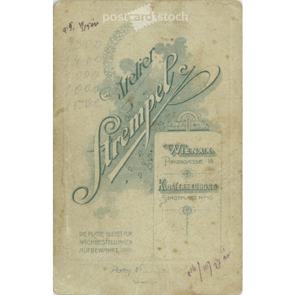 1915. Studio photo of a young apprentice. The person in the picture is unknown. The work of the photography studio Strempel. Vienna. Old photo, business card, CDV photo. (2792709)