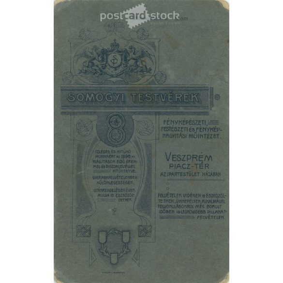 Circa 1900. Studio photo of a young man. The person in the picture is unknown. The work of the photography studio of the Somogyi brothers. Veszprém. Old photo, business card, CDV photo. (2792711)
