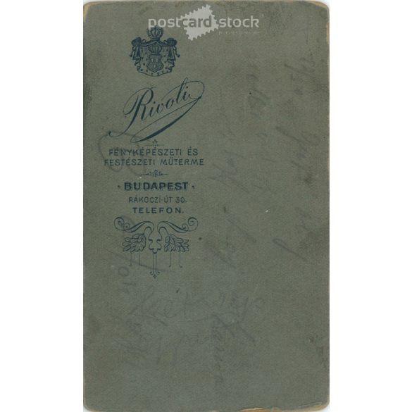 Around 1910. Studio photo of a young man. The person in the picture is unknown. The work of Rivoli photography studio. Budapest. Old photo, business card, CDV photo. (2792712)