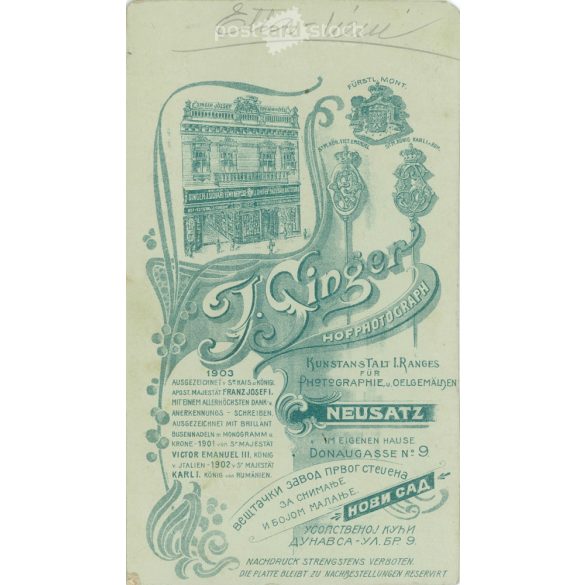 1903. Fiatal nő egészalakos, műtermi fotója. „Ella néni” felirattal. J. Singer fényképészeti műterem munkája. Neusatz. Régi fotó, eredeti kabinetfotó / keményhátú fotó. (2792724)