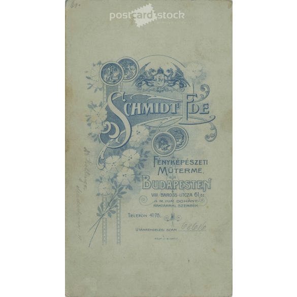 Early 1900s. Studio photo of an elegant man, in a top hat, with a walking stick, full-length. The work of Schmidt Ede photography studio. Budapest. Old photo, original cabinet photo / hardback photo. (2792726)