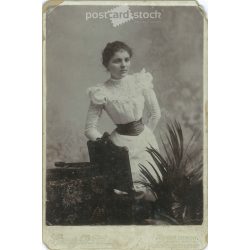   Late 1800s. Studio photo of a young lady. The person in the picture is unknown. The photo was taken by Bienenfeld and Társa photography studio. Budapest. Old photo, original cabinet photo / hardback photo. (2792763)