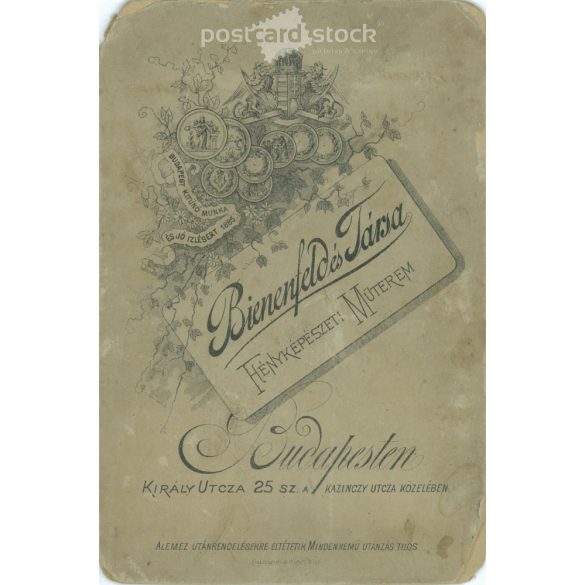 Late 1800s. Studio photo of a young lady. The person in the picture is unknown. The photo was taken by Bienenfeld and Társa photography studio. Budapest. Old photo, original cabinet photo / hardback photo. (2792763)