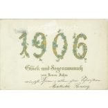 1906 - New Year’s greeting, old postcard, greeting card. Embossed, gilded, lithographed, unique graphics. (2792765)