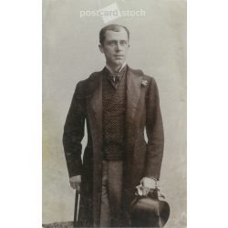   1906 - Studio shot of Vilmos Benner, with top hat and walking stick. The picture was taken in Budapest, the maker is unknown. Original paper image. Old photo. Black and white photo sheet, old postcard. (27925767)