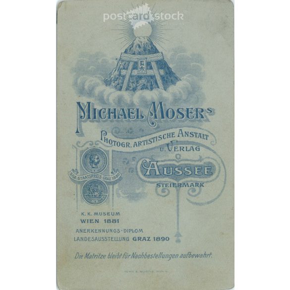 Circa 1890. Studio photo of young woman. The person in the picture is unknown. The photo was taken in Michael Moser’s photography studio. Graz. Old photo, business card, CDV photo. (2792776)