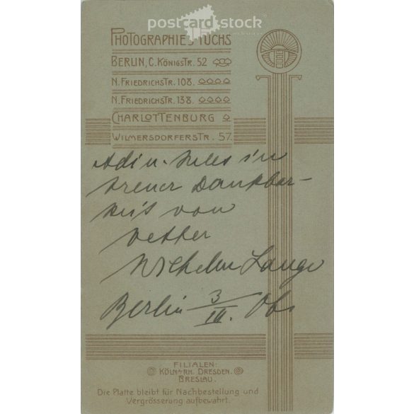 Circa 1890. Studio photo of a young lad. The person in the picture is unknown. The photo was taken in the photography studio of J. Fuchs. Berlin. Old photo, business card, CDV photo. (2792777)