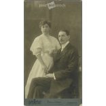 October 1908. Studio shot of a young couple. The identity of the people in the picture is unknown. The photo studio of Mai és Társa was created. Old photo, original cabinet photo / hardback photo. (2792783)