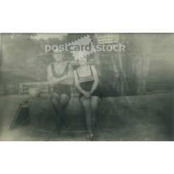   1924. Margaret Island. Young couple on the beach. The identity of the people in the picture and the creator of the picture are unknown. Original paper image. Old photo. Black and white photo sheet, old postcard. (27925787)