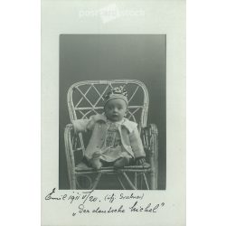   1911 - The young heir to the throne with the “crown”. The person in the picture and the photographer are unknown. Original old photo. Black and white photo sheet, old postcard. (2792794)