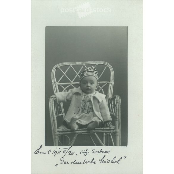 1911 – The young heir to the throne with the “crown”. The person in the picture and the photographer are unknown. Original old photo. Black and white photo album, old postcard. (2792794)