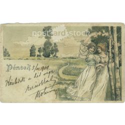   1900 - Weekend forecast and greetings. Colored unique graphic, old postcard, romantic greeting card. (2792795)