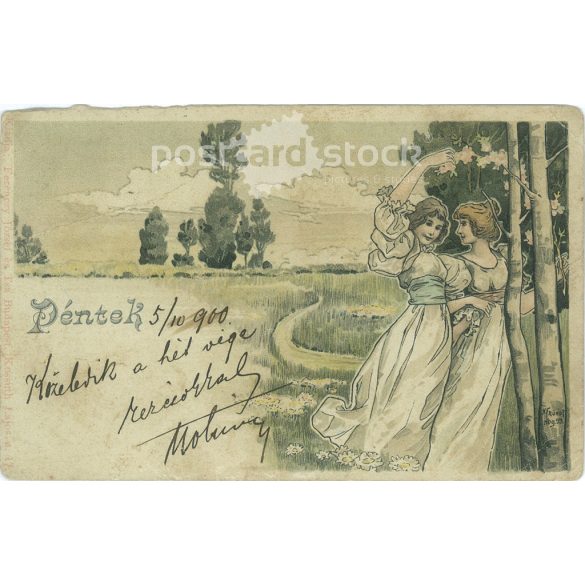 1900 – Weekend forecast and greetings. Colored unique graphic, old postcard, romantic greeting card. (2792795)