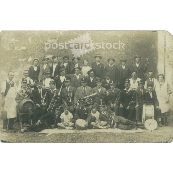 Railway(?) brass band with civilians. The people in the picture and the photographer are unknown. Original old photo. Black and white photo sheet, old postcard. (2792796)