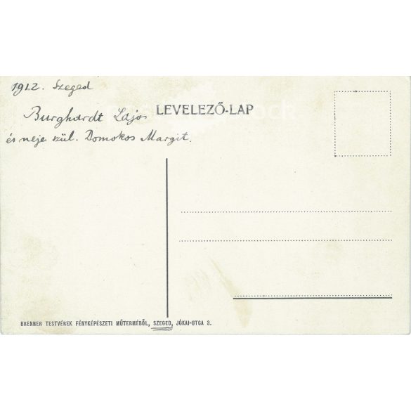 1912 - Lajos Burghardt and his wife, studio photo. The photo was taken by the Brenner brothers’ photography studio in Szeged. Original old photo. Black and white photo, old postcard. (2792800)