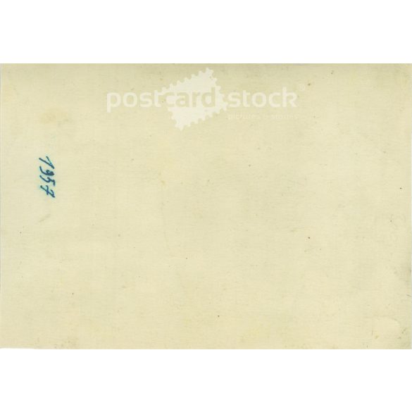 1957 - Cheerful group in front of the haystack. The people in the picture and the photographer are unknown. Old photo. Black and white photo, original paper image. (2792792)