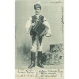 1901 - Man in national costume, with accordion. The person in the picture is unknown. The photo was taken in Tremcsén Teplice, in Henrik Szold’s photo studio. Original old photo. Black and white photo, old postcard. (2792810)