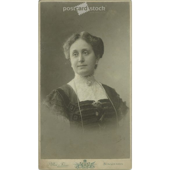 Elegant lady, studio portrait photo. The person in the photo is known. The photo was taken in the Mai és Társa photo studio. Old photo. Original cabinet photo / hardback photo / business card, CDV photo. (2792811)
