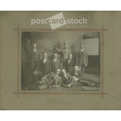   cca 1905-15. Group photo with a soldier and civilians. Photo taken in Hollós Mór’s Budapest studio. The identity of the people in the photo is unknown. Original old photo. Black and white, laminated photo, original paper photo. (2792814)