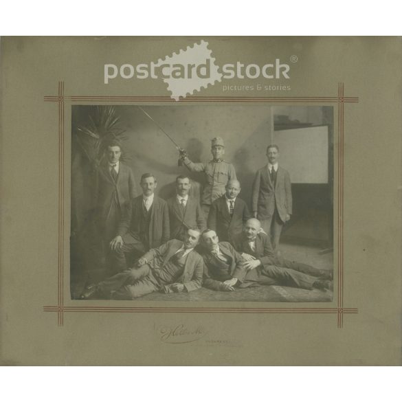 cca 1905-15. Group photo with a soldier and civilians. Photo taken in Hollós Mór’s Budapest studio. The identity of the people in the photo is unknown. Original old photo. Black and white, laminated photo, original paper photo. (2792814)