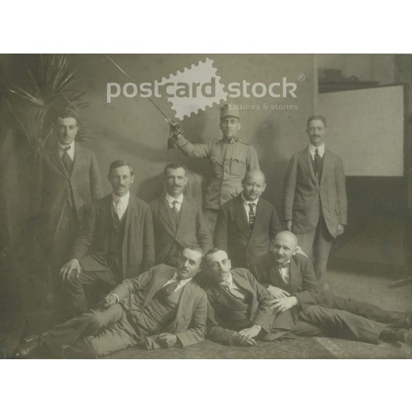 cca 1905-15. Group photo with a soldier and civilians. Photo taken in Hollós Mór’s Budapest studio. The identity of the people in the photo is unknown. Original old photo. Black and white, laminated photo, original paper photo. (2792814)