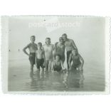 1935 - Siófok. Family group photo, swimming in Lake Balaton. The people in the photo and the photographer are unknown. Old photo. Black and white photo, original paper photo. (2792816)