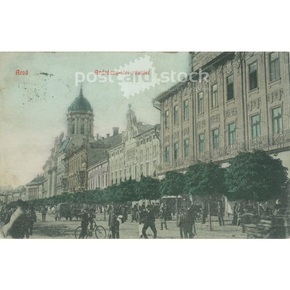 1908 – Detail of Andrássy Square, Arad. Original paper image. Colored photo, old postcard. (2792822)