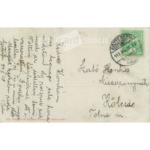 1913 - Széchenyi Square, Esztergom. Published by Grószner B.. Original paper image. Colored photo, old postcard. (2792845)