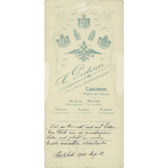 1900 - Studio portrait of an elegant young lady. The person in the picture is known. The photo was taken in the photo studio of C. Pitzner, Karlsbad. Old photo. Original  Cabinet card / CDV photo / hardback photo. (2792848)