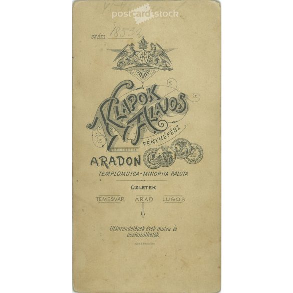 Studio full-length photo of an elegant young lady. The identity of the subject is unknown. The photo was taken in the studio of Alajos Klapok in Arad. Old photo / Cabinet photo / Hardback photo (2793012)