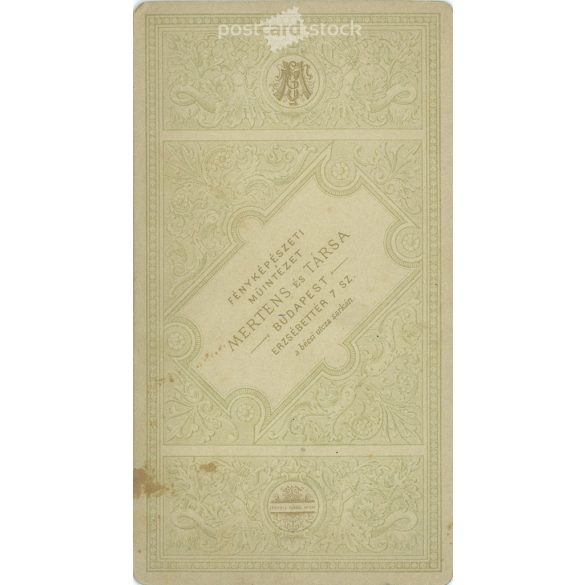 Wedding photo of a young couple. The identity of the people in the photo is unknown. The photo was taken in the Mertens and Partner photo studio in Budapest. Old photo / Cabinet photo / Hardback photo (2793022)