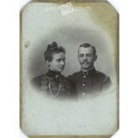 1907 - Unknown young couple. The artist of the picture is Géza Csonka, Târgu Mures. Old photo / Cabinet photo / Hardback photo. Damaged. (2793116)