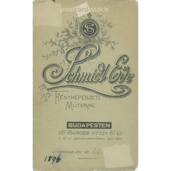 1896 - Elegant man in hat. The person in the picture is unknown. The photo was taken in the photographic studio of Ede Schmidt. Old photo / Cabinet photo / Hardback photo (2793167)