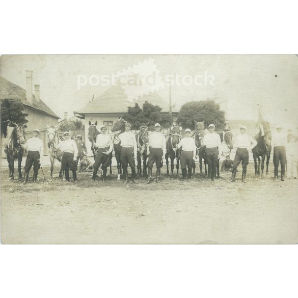 Jockey team, training in the countryside or at a competition. Original paper photo. Black and white photo sheet, postcard. (2793189)