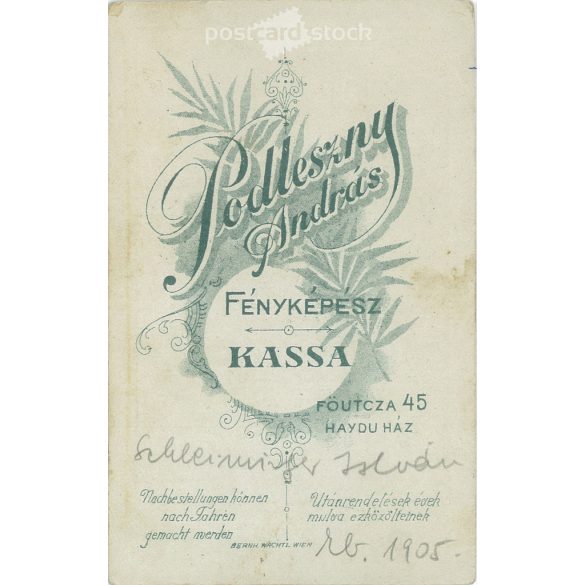 1905 - Studio photograph of the young István Schleimiler, taken in the photographic studio of András Podleszny, in Kassa. Original cabinet photo / hard back photo / water card, CDV photo (2793209)