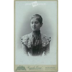   A young, unknown woman in a lace top with a locket. The photo was taken in the photo studio of József Kossak in Budapest.  Original cabinet photo / hard back photo / water card, CDV photo (2793233)
