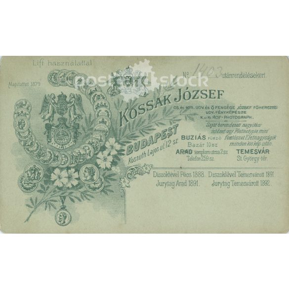 A young, unknown woman in a lace top with a locket. The photo was taken in the photo studio of József Kossak in Budapest.  Original cabinet photo / hard back photo / water card, CDV photo (2793233)