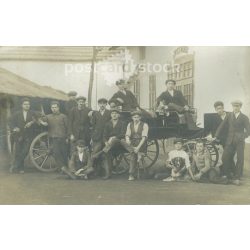   Early 1900s. Workers in a car polishing workshop. Original on paper. Black and white photo sheet, postcard. (2793326)