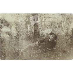   1917 - Photo of an unknown boy on the edge of a forest. Sent to general post from Fegyvernek. Original paper photo. Black and white photo postcard, postcard, with Schépia effect. (2793394)