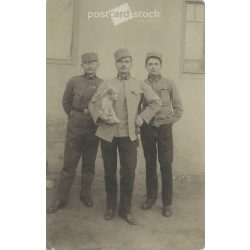   1920s. Young officers with a puppy. The people in the picture and the photographer are unknown. Original photo. Black and white photo card, postcard. (2793412)