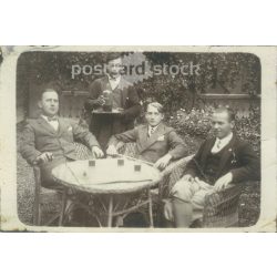   Garden drinking. Group photo of men outdoors. The people in the photo and the photographer are unknown. Original photo. Black and white photo card, postcard. (2793420)