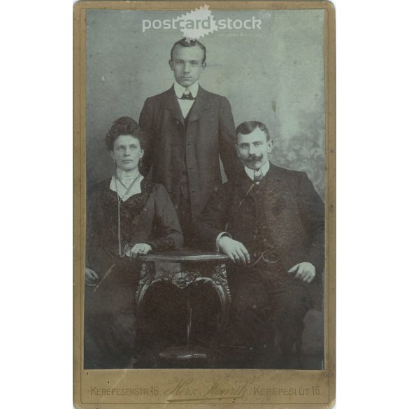 Photo taken at Henrik Herz’s photo studio, Budapest. Family group photo, studio photo. The identity of the people in the photo is unknown. Original cabinet photo / hardback photo / business card, CDV photo. (2793443)
